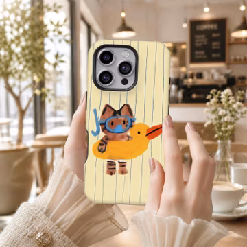 Cute Snorkeling Cat Phone Case, Yellow Duck Float Cover, Whimsical Kawaii Case, iPhone 17 16 15 14 13 12 11 Pro Max, Samsung S26 S25 S24