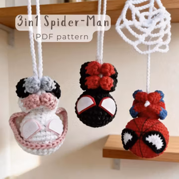 Spider-Man Crochet Pattern, Car Hanging Pattern, Amigurumi Superhero, Crochet Keychain, Mirror Charm, Unique Crochet Gift (Digital Download)