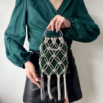 Emerald green evening bag, rhinestone cord purse, slouchy velvet clutch, old money gift