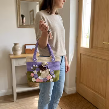 Crochet Tote Bag Pattern PDF, Floral Handbag Crochet Pattern, Girl Applique Bag, Flower Field Purse, Intermediate Crochet Pattern
