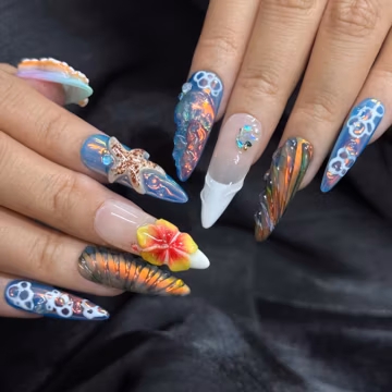 Handmade 3D Mermaid Ocean Summer Press On Nails | Iridescent Seashell Tropical Beach Fake Nails