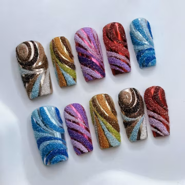 Abstract Swirl Metallic Sugared Glitter Press On Nails | Custom Reusable Fake Nails