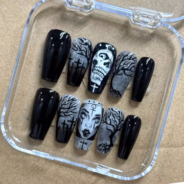 Hand-Painted Graveyard Silhouette Spooky Halloween Press On Nails | Handmade Black and White Fake Nails