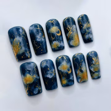 Celestial Night Sky Navy Blue and Gold Moon Press On Nails - Witchy Marble Galaxy Custom Reusable Fake Nails