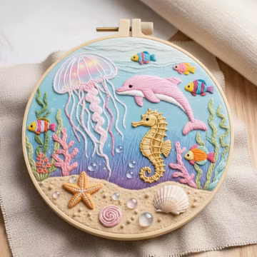 Sea Life Embroidery Kit, Beginner DIY Needlepoint, Ocean Hoop Art