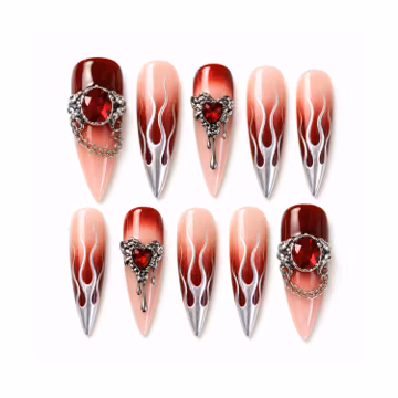 Gothic Red Flame Press On Nails / 3D Heart Gem Charm Nails / Silver Chrome Long Stiletto Fake Nails / Y2K Nail Art