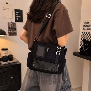 Black Y2K Harajuku Ita Bag Kawaii Transparent Crossbody Bag, Japanese School Shoulder Bag, Anime Pin Display Bag, Cute DIY Badge Purse