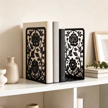 Rose Floral Cutout Metal Bookends, Symmetrical Vine Flower Silhouette Book Holders, Cottagecore Romantic Shelf Housewarming Gift (1 Set)