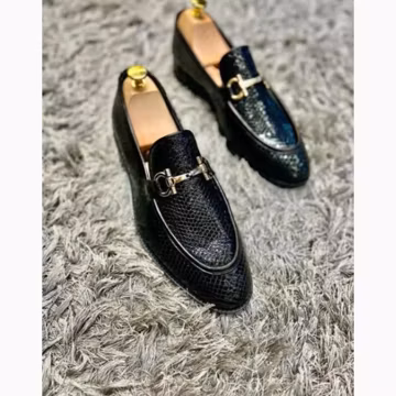 Men’s black leather horsebit loafers, handmade, formal slip-on dress shoes