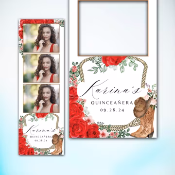 Quinceañera Photobooth Template Western Rodeo, Red Rose Cowboy Boots Photo Strip Overlay, 2x6 Quince Photo Booth PSD PNG Digital Download