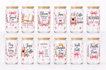 12 Christian Glass Can Wrap PNG Bundle | Faith 16oz Libbey Cup Wrap | Bible Sublimation Design | Pink Coquette Bow PNG