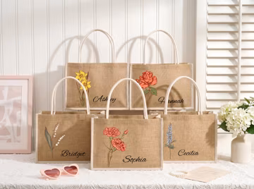 Personalized Burlap Tote Bag, Birth Flower Bridesmaid Gift, Custom Jute Bag, Teacher Bag, Teacher Gifts