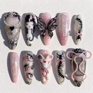 Creepy Cute Goth Press On Nails 3D Dark Fairy Centipede Demon Goat Custom Fake Nails Emo Pink Black Alternative Art