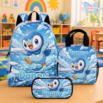 Custom Pokeball Piplup -themed school backpack with Lunch Kit Pencil Case Cute Back To School Gift, Pokeball backpack set,pokeball fan