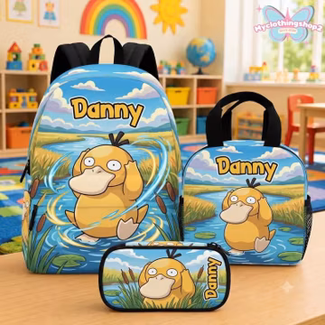 Custom Pokeball Psyduck -themed school backpack with Lunch Kit Pencil Case Cute Back To School Gift, Pokeball backpack set, pokeball fan