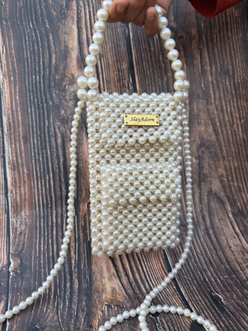 White Pearl Beaded Phone Case with Strap and Pocket, Handmade Crossbody Bag
