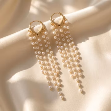 Pearl Tassel Drop Earrings – Gold Plated Hoop Earrings, Elegant Long Pearl Dangle Earrings, Bridal Wedding Jewelry, Gift for Her