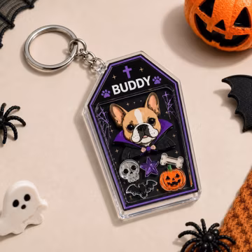 Personalized Pet Halloween Coffin Shaker Keychain, Custom Dog Photo Name Accessory