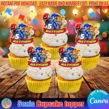 Sonic Birthday Cupcake toppers – Editable Digital Download