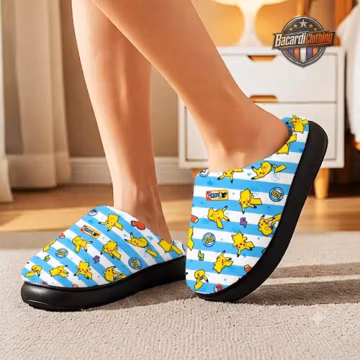 Pikachu Kids Slippers, Yellow Cartoon Shoes, Warm Winter Plush Flats, Cute PKM Style Indoor Shoes for Girls Boys Women