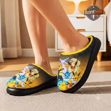 PKM Slippers for Men Teens Cozy Indoor House Shoes with Non-Slip Soft Anime Slippers, Pikachu Gamer Gifts for Men, Dad