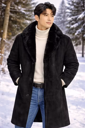 Men's Black Faux Shearling Long Coat – Plush Collar Winter Overcoat