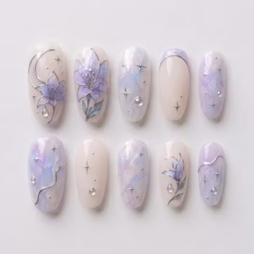 Moon Lily Press On Nails | Lavender Floral Marble Nails | Celestial Purple Gel Nail Set | Handmade Elegant Press On Nails