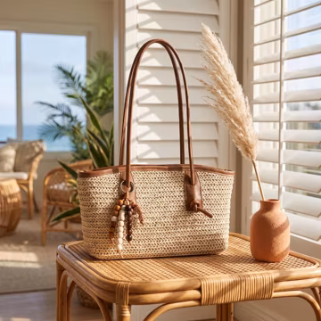 Personalized Straw Tote Bag, Large Woven Beach Shoulder Bag with Zipper, Custom Bead Charm, Boho Summer Purse