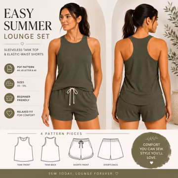 Easy Summer Lounge Set Sewing Pattern PDF, Boxy Tank Top & Elastic Waist Shorts Pattern, Beginner Sewing Pattern, Plus Size XS-5XL