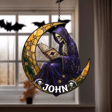 Personalized Grim Reaper Book Suncatcher, Custom Moon Skeleton Window Decor, Bookish Gothic Gift