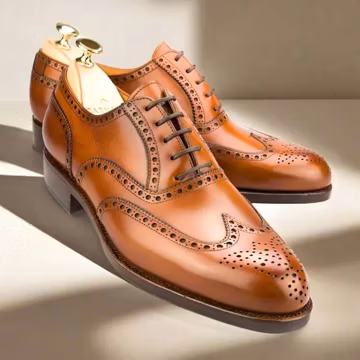 Tan Hand Burnish Full Grain Leather Wingtip Oxford Shoes for Men _ Luxury Formal Footwear