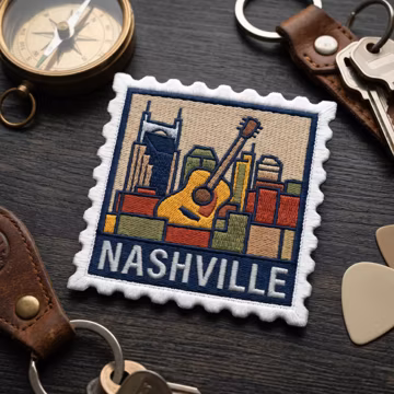 Nashville Embroidered Patch, Guitar City Skyline Souvenir Applique, Travel Backpack Jacket Badge