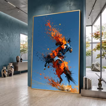 Abstract Horse Canvas Print, Blue Orange Rearing Stallion Wall Art, Modern Equestrian Decor, Bold Animal Artwork, horse wall art