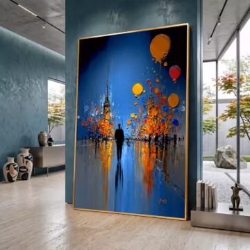 Abstract Cityscape Canvas Print, Blue Orange Night Skyline Wall Art, Rainy Street Reflections, Balloon Lights Urban Scene