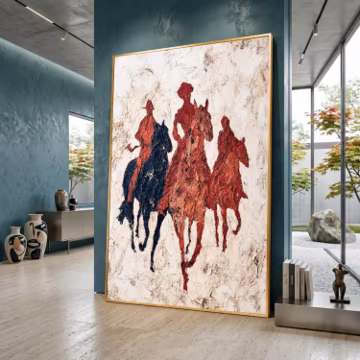 Abstract Horse Riders Canvas Print, Red Equestrian Wall Art, Rustic Western Decor, Beige Neutral Horse Artwork for Ranch