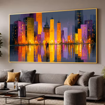 Abstract Cityscape Canvas Print, Purple Orange Yellow Skyline Wall Art, Urban Night Reflection Decor, Modern Downtown Scene