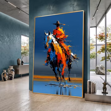 Abstract Horse Rider Canvas Print, Blue Orange Equestrian Wall Art, Modern Western Cowboy Artwork, Dynamic Figurative Decor