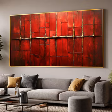 Red Abstract Geometric Canvas Print, Modern Gold Line Wall Art, Large Horizontal Contemporary Artwork for Living Room Decor