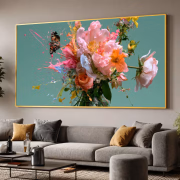 Floral Canvas Print, Pink Peony Rose Bouquet Wall Art, Butterfly Still Life, Teal Background, Painterly Botanical Splash Decor