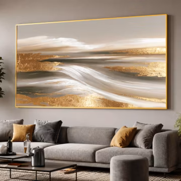 Abstract Landscape Canvas Print, Beige Gray White Wall Art With Gold Look, Modern Minimalist Panoramic Neutral Decor, abstract horizon