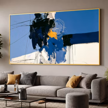 Abstract Blue Black Wall Art Print, Modern Minimalist Canvas Print, Navy White Yellow Artwork for Living Room Decor, abstract wall art