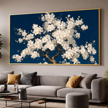 White Cherry Blossom Tree Canvas Print, Navy Blue Floral Wall Art, Japanese Style Bloom Branch Artwork for Bedroom Decor