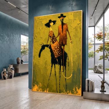 Abstract Couple on Horseback Canvas Print, Modern Figurative Wall Art, Western Fashion Riders, Olive Green and Ochre Decor