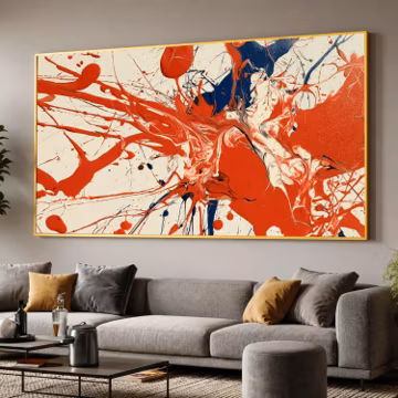 Red Blue Abstract Canvas Print, Cream White Splatter Wall Art, Modern Drip Painting Style, Large Contemporary Decor, cream white art
