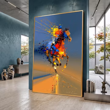 Abstract Polo Horse Canvas Print, Colorful Equestrian Wall Art, Modern Sports Decor, Blue Orange Horse Rider Poster, abstract horse