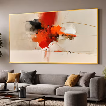 Abstract Red Orange Wall Art Print, Beige Neutral Canvas Print, Modern Black White Artwork, Minimalist Living Room Decor