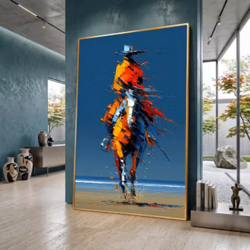 Abstract Beach Walker Canvas Print, Colorful Coastal Figure Wall Art, Modern Blue Orange Seaside Decor, Contemporary Artwork