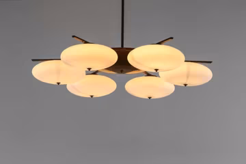 1950's Mid Century Raw Brass Sputnik Italian Kalmar Ceiling Flush Mount 6 Light Opaline Lily Chandelier Stilnovo Style Light Fixture