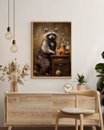 Raccoon Bartender Wall Art Print | Vintage Cocktail Bar Portrait Poster, Sophisticated Whimsical Decor, Cool Statement Piece