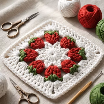 Strawberry Granny Square Crochet Pattern, Daisy Flower Block Tutorial, Cottagecore Crochet Motif, Strawberry Afghan block, Beginner Friendly